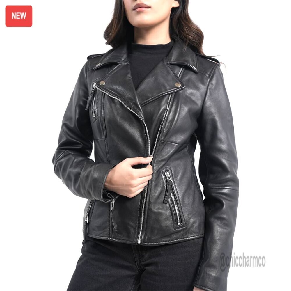 Lambskin Leather Motorcycle Jacket Women Biker Style
